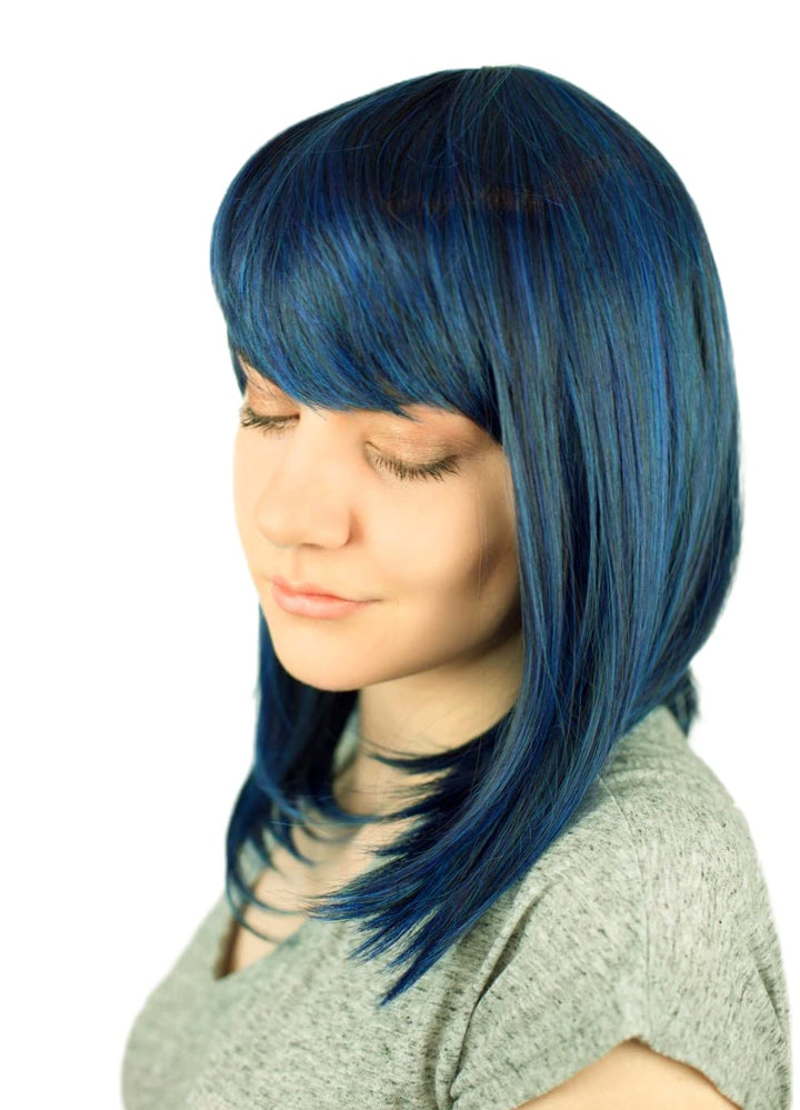 Prettyland Damen Blau Schwarz Strähnen Mittellange Schulterlang Glatte Natürlich Matte wie Echthaar
