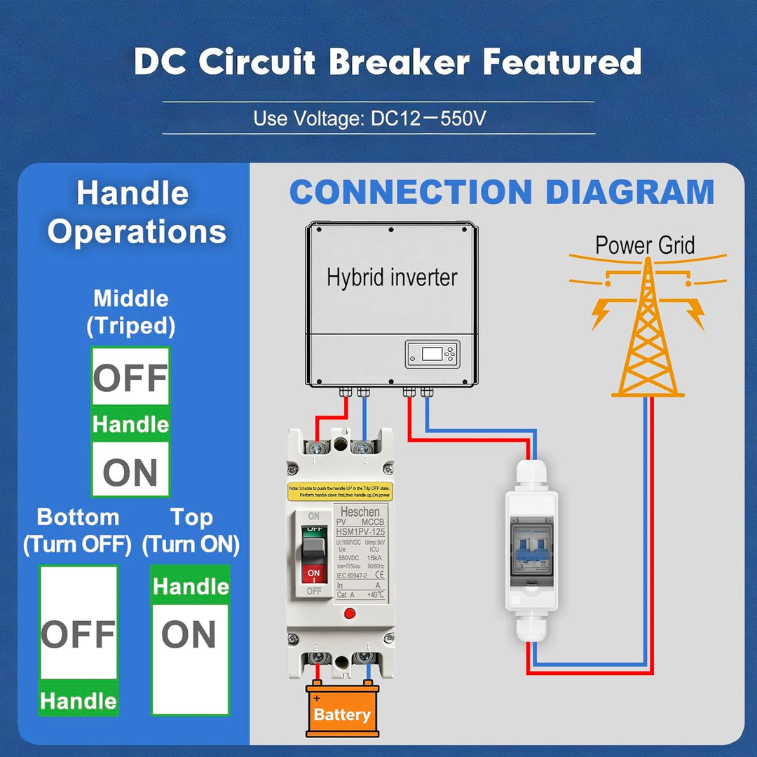 Heschen DC-Leistungsschalter MCCB, 2-polig, DC550V, Photovoltaik-Leistungsschalter, für PV-Solaranla