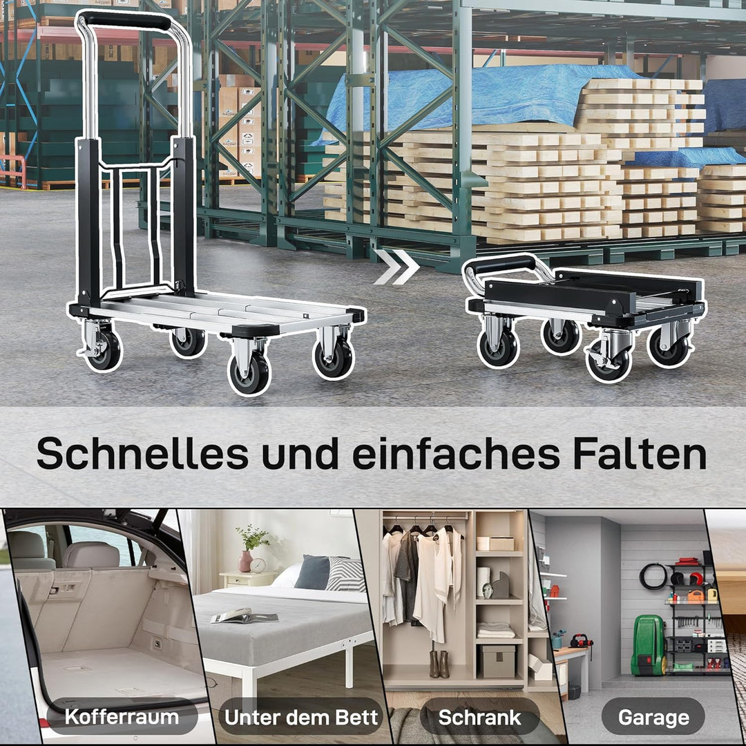 HOMCOM Plattformwagen Transportwagen Klappbar 150 kg Handwagen mit Feststellbremse, ausziehbarer Pla