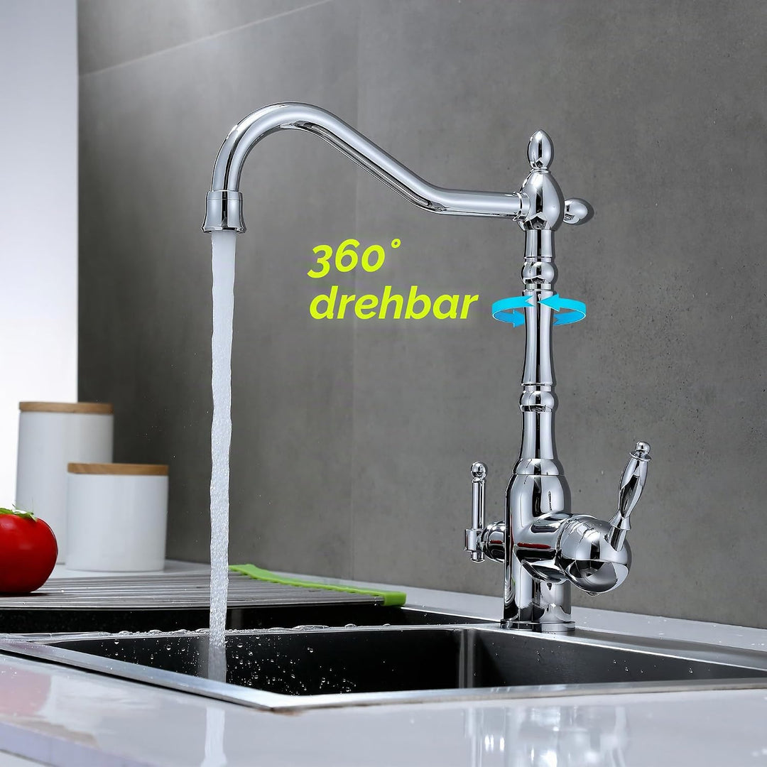 Florenta 3 Wege Wasserhahn Küche, 360° Drehbar Küchenarmatur Messing, 3 in 1 Mischbatterie für Wasse