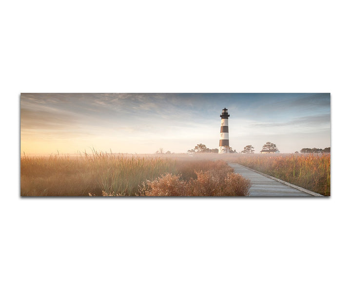 Paul Sinus Art Panoramabild auf Leinwand und Keilrahmen 150x50cm Wiesen Holzweg Leuchtturm Nebel Her