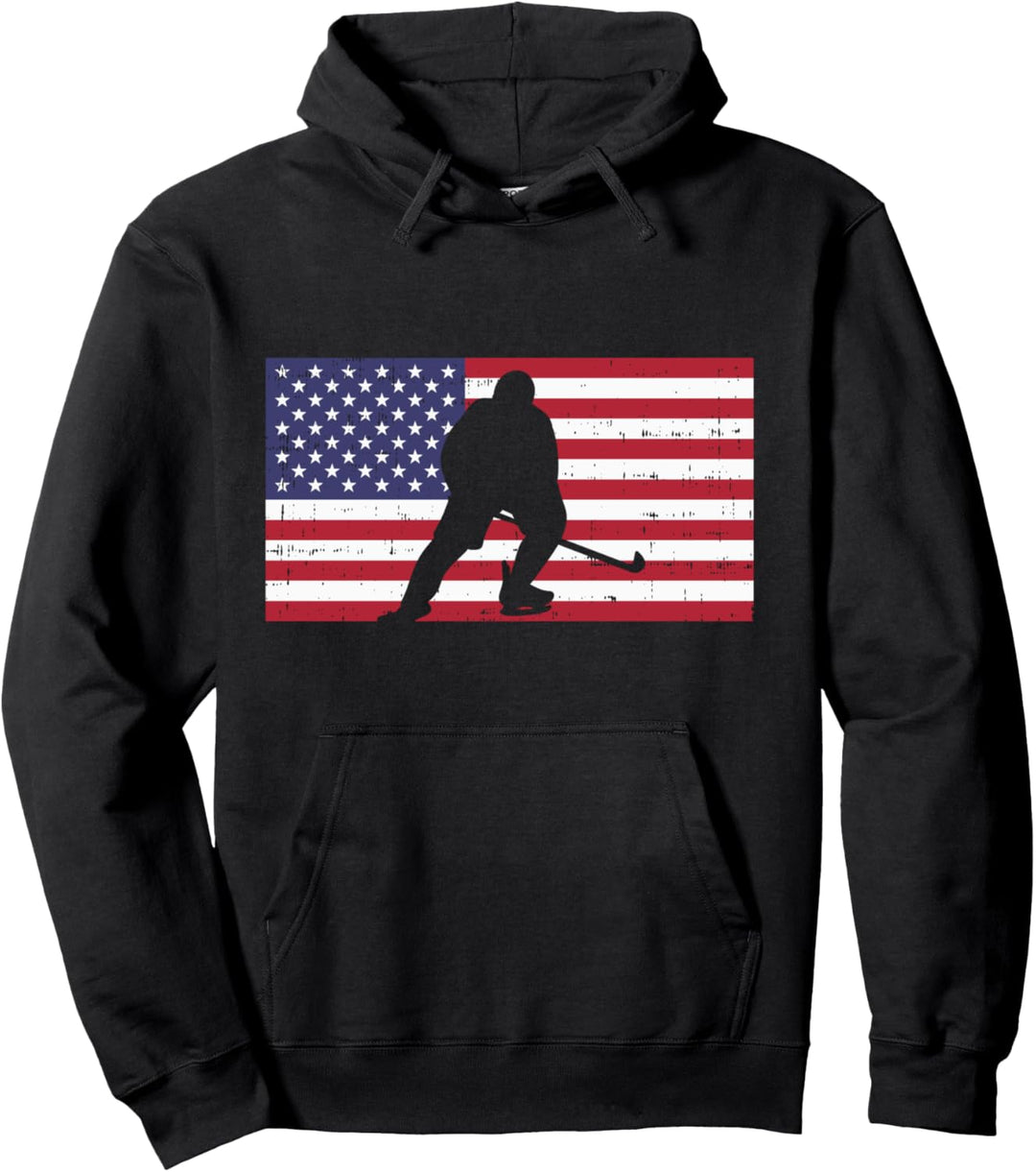 US Flag Ice Hockey Player Vintage Patriotic Men Women Kids Pullover Hoodie