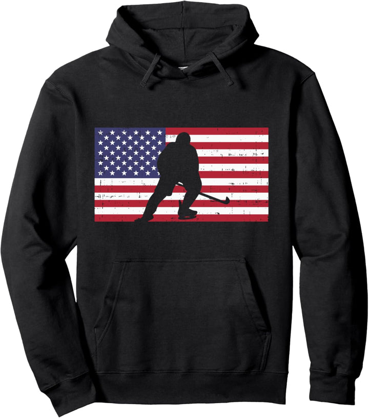 US Flag Ice Hockey Player Vintage Patriotic Men Women Kids Pullover Hoodie