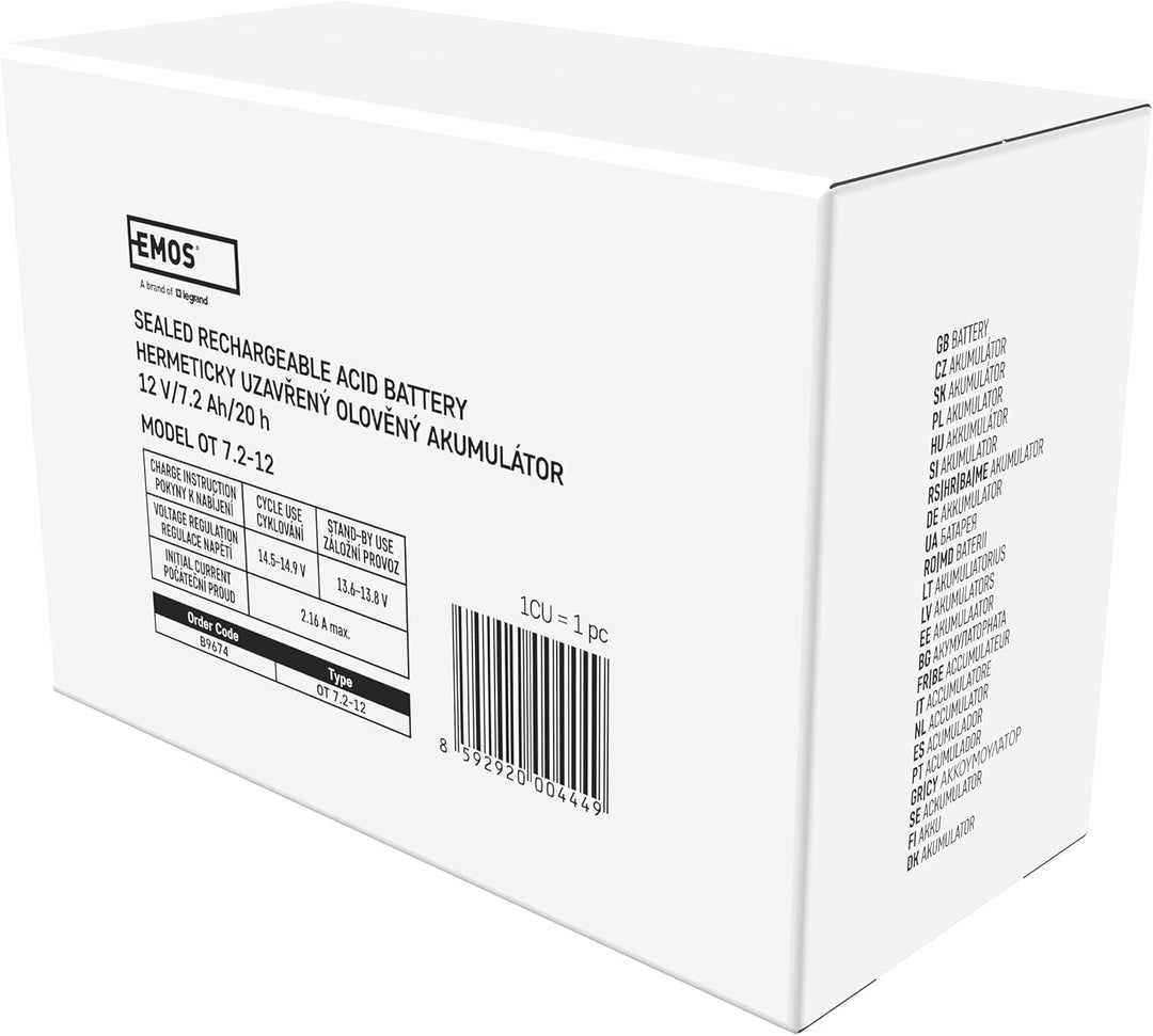 EMOS - Wartungsfreier Bleiakku - 12V 7,2Ah - AGM Batterie - Faston 6,3mm Anschluss - Für USV-Geräte,