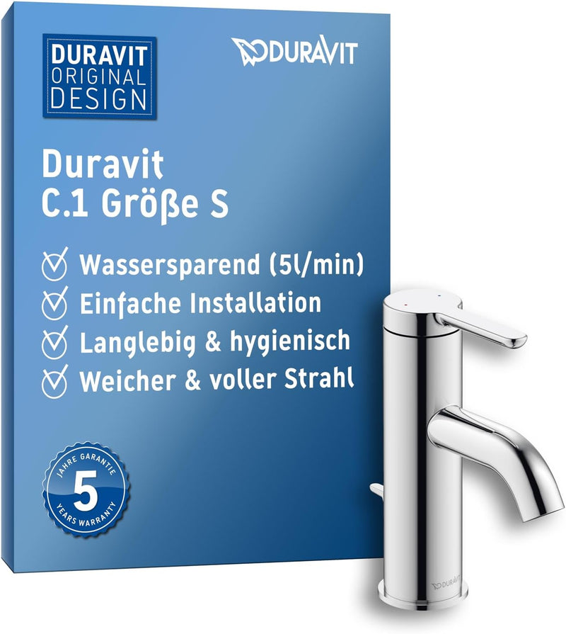 Duravit C.1 Waschtischarmatur, Grösse S (Auslauf Höhe 66 mm). Wasserhahn Bad mit Zugstangen-Ablaufga