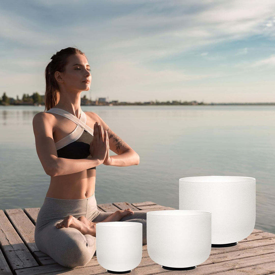 KVKA Kristall-Klangschalen, 6"A+8"F+10"C 432Hz Weiss Chakra Klangschale für Yoga Meditation Sound He