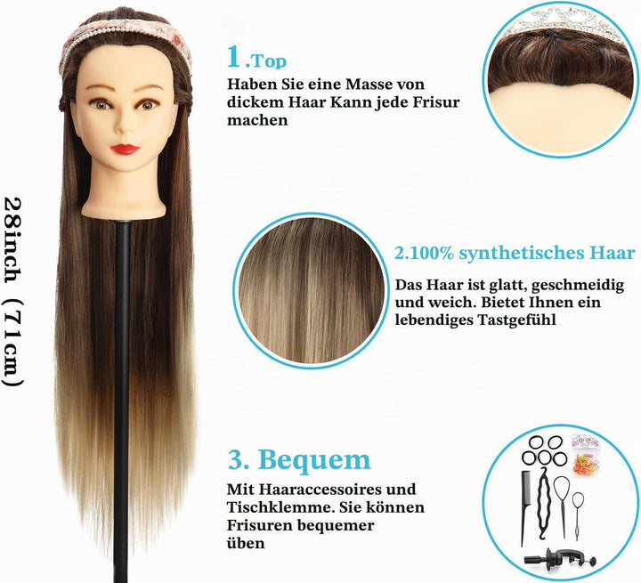 Frisierkopf, Auzass Frisurenkopf 26-28 Inch 100% Kunsthaar Weich Übungskopf Ombre Friseurkopf Traini