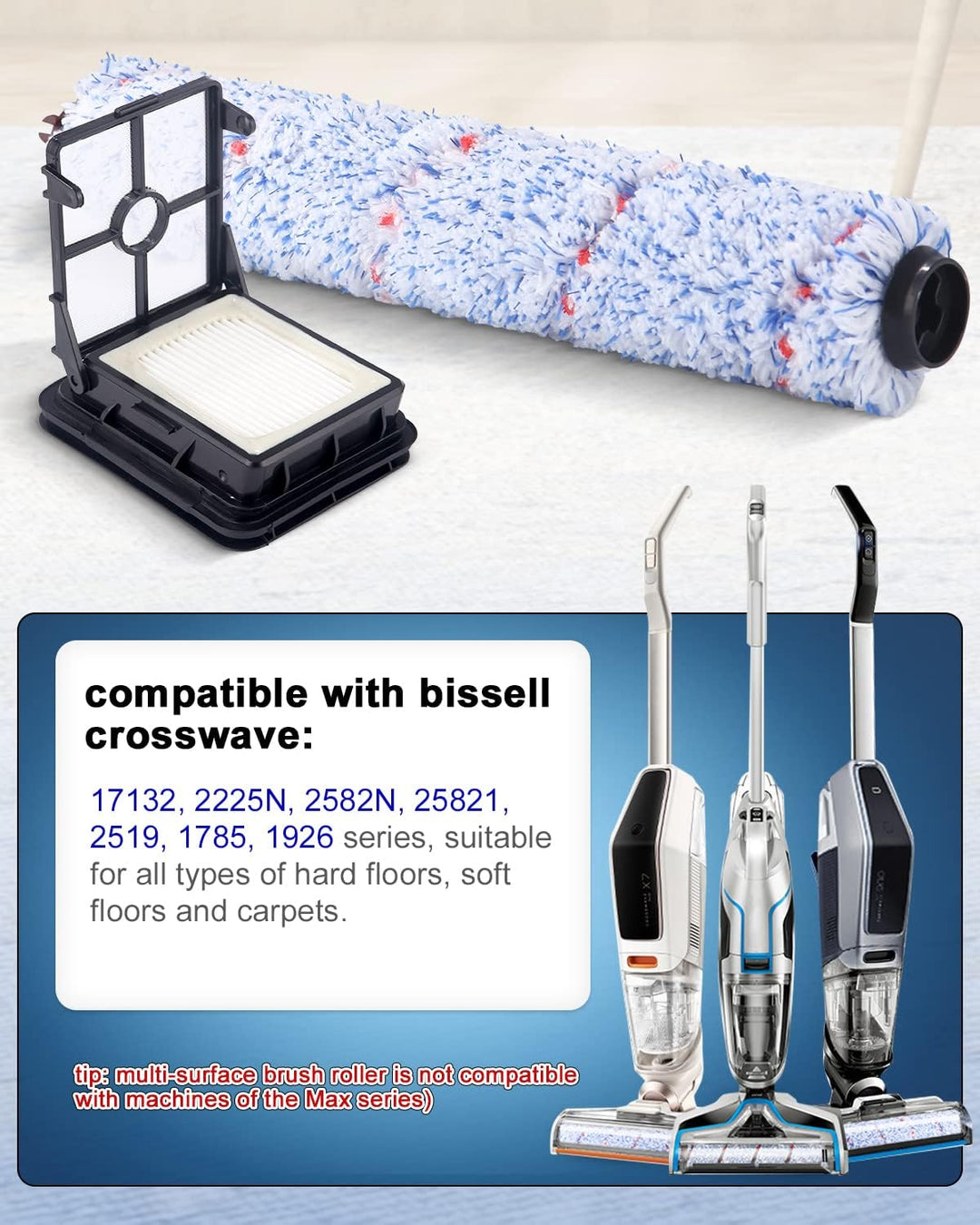 Zubehör für Bissell Crosswave 3-In-1,4 Bürstenrolle Und 5 Filter für Bissell Crosswave 3-in-1, Hartb