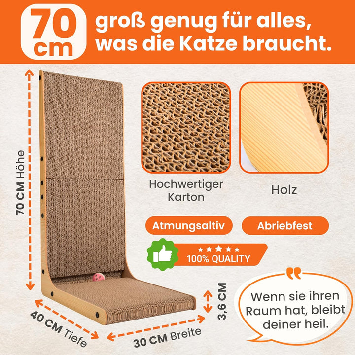 XXL Kratzbrett Katze 70 cm L-förmige Kratzpappe mit Ballspielzeug und Katzenminze, widerstandsfähige