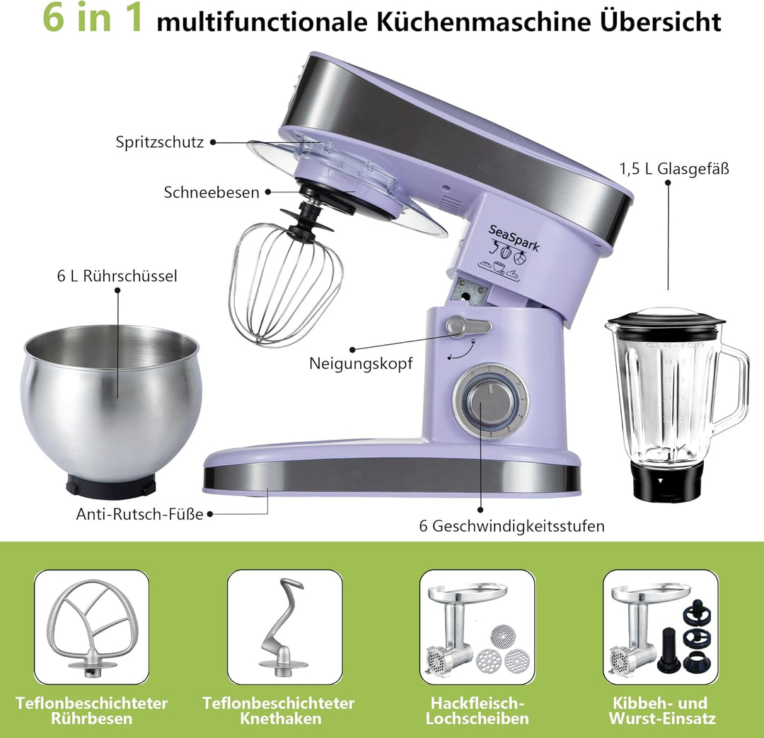 Küchenmaschine, 6 L Knetmaschine 1200W, 6 Geschwindigkeits Küchenmaschine, Teigmaschine mit Rührhake