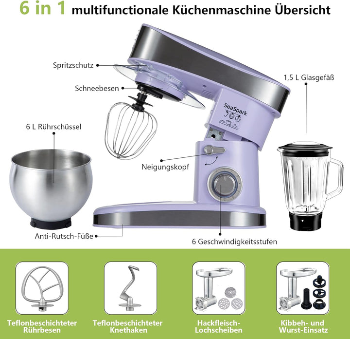 Küchenmaschine, 6 L Knetmaschine 1200W, 6 Geschwindigkeits Küchenmaschine, Teigmaschine mit Rührhake