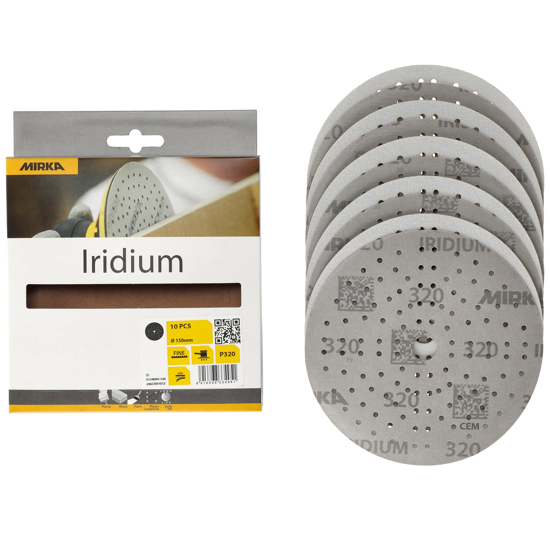 Mirka Iridium Premium-Schleifpapier Ø 150mm Klett 121-Loch, Korn 320, 10 Stk/Zum Schleifen von Lack,