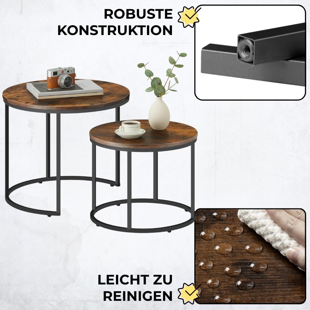 FORTENA 2er Set Couchtische, Schwarze oder goldene Metallbeine, Industrial-Stil, Raund (Rustikal – S