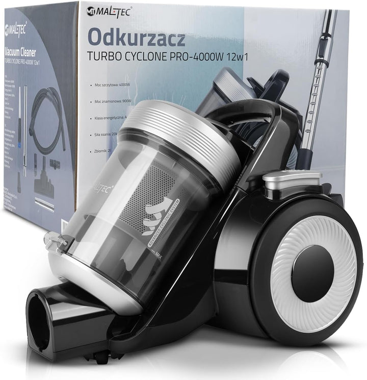 MalTec Staubsauger 2L Zyklonsauger mit HEPA-Filtern beutellos mit Set von Aufsätzen 4000W Bodenstaub