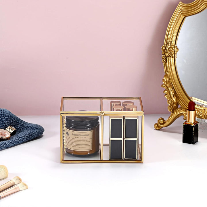 Wattestäbchen Behälter Wattepadspender aus Glas Schminktisch Wattepads Organizer 2 Fächern Make Up B
