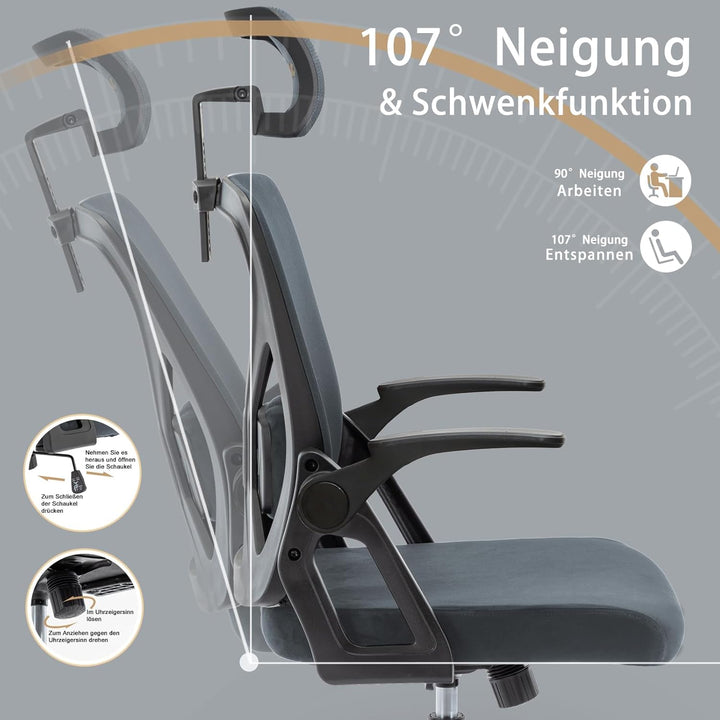 symino Bürostuhl, Schreibtischstuhl, Drehstuhl Ergonomischer mit Verstellbarer Kopfstütze, Armlehnen