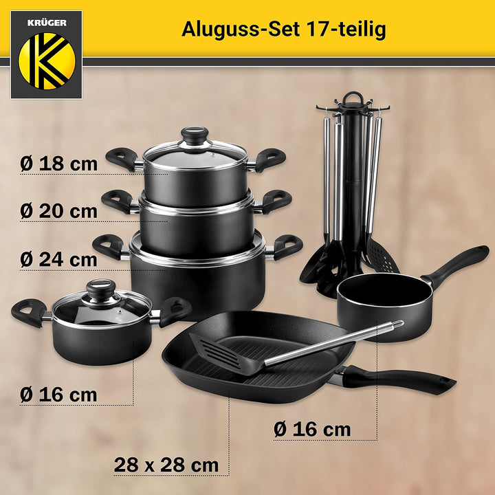 Krüger Aluguss-Set 17-teilig - antihaft-versiegeltes Topf- und Pfannenset mit Küchenhelfer - hohe Hi