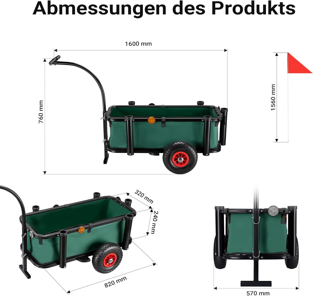 Wiltec Angelwagen mit Tasche, Angel Trolley bis 50 kg, Transportkarre mit 60 l Volumen, Bollerwagen
