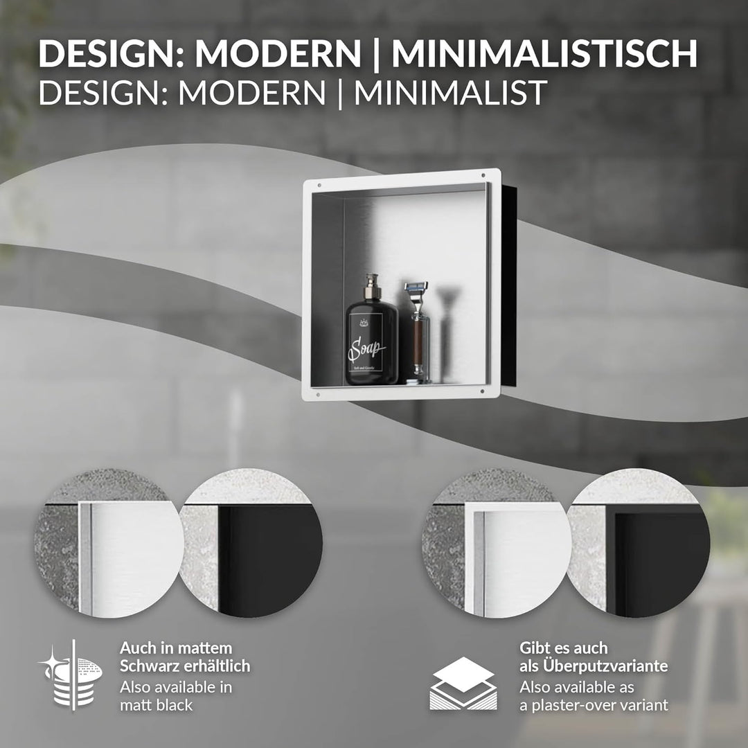 LuxeBath Wandnische aus Edelstahl, 30x30x10 cm, Silber, Duschnische, Randlos, Einbauregal, Flexibler