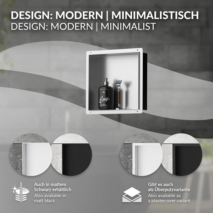 LuxeBath Wandnische aus Edelstahl, 30x30x10 cm, Silber, Duschnische, Randlos, Einbauregal, Flexibler