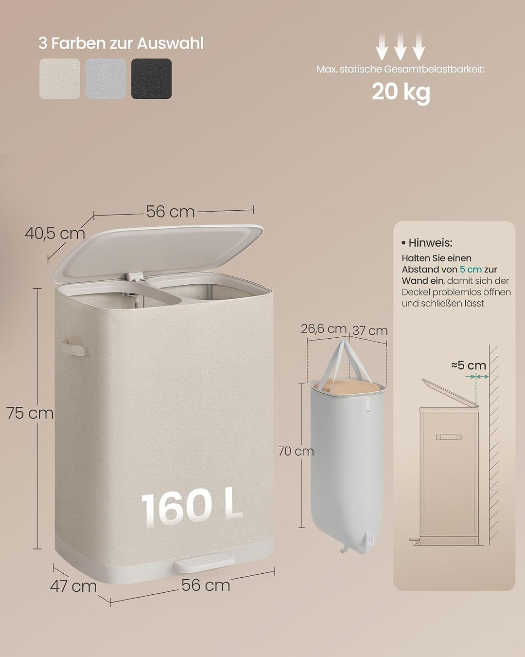 SONGMICS Wäschekorb 160 L, Wäschesammler 2 Fächer, Wäschesortierer mit Deckel, Griffen, Innensack he