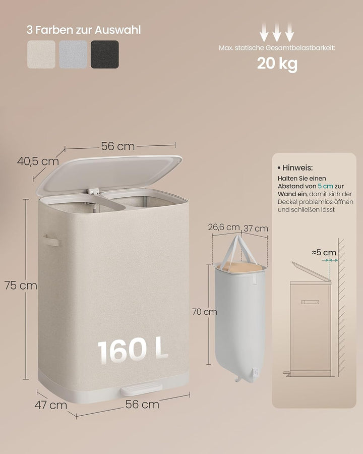 SONGMICS Wäschekorb 160 L, Wäschesammler 2 Fächer, Wäschesortierer mit Deckel, Griffen, Innensack he