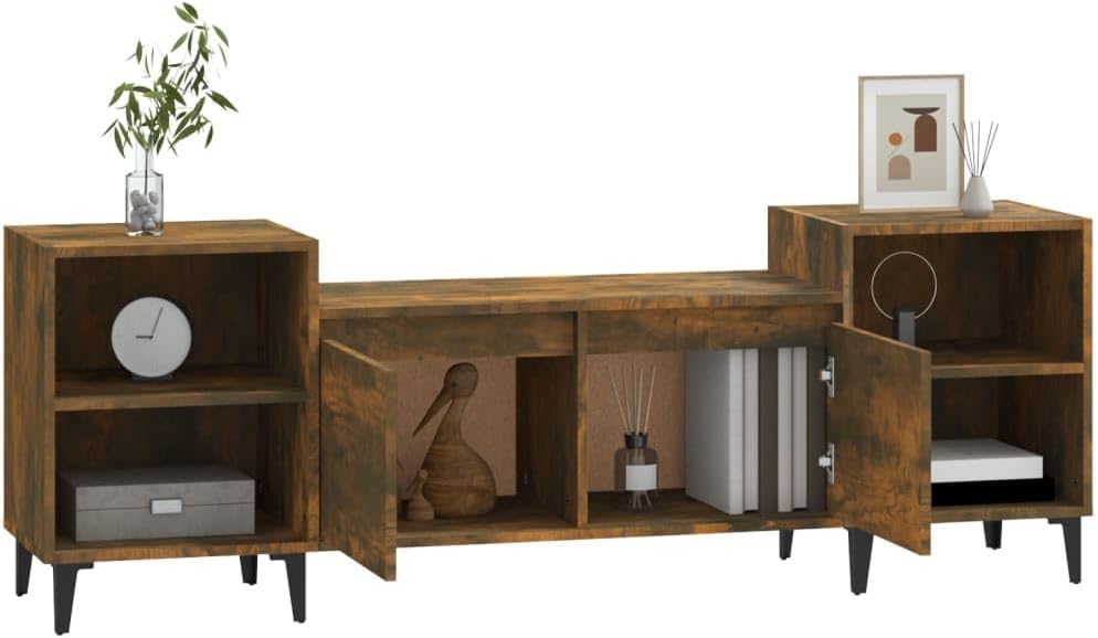 TJROO TV-Schrank aus Rauch-Eiche, 160 x 35 x 55 cm, aus mehrschichtigem Holz und Metall, niedriger S