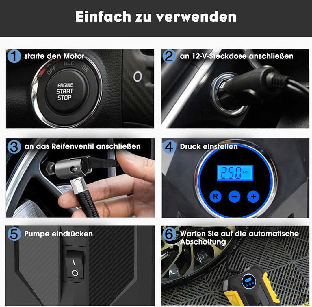 CARSUN Luftpumpe Auto,12V Mobiler Kompressor Auto,150PSI Autoreifen Pumpe mit Reifendruckmesser und