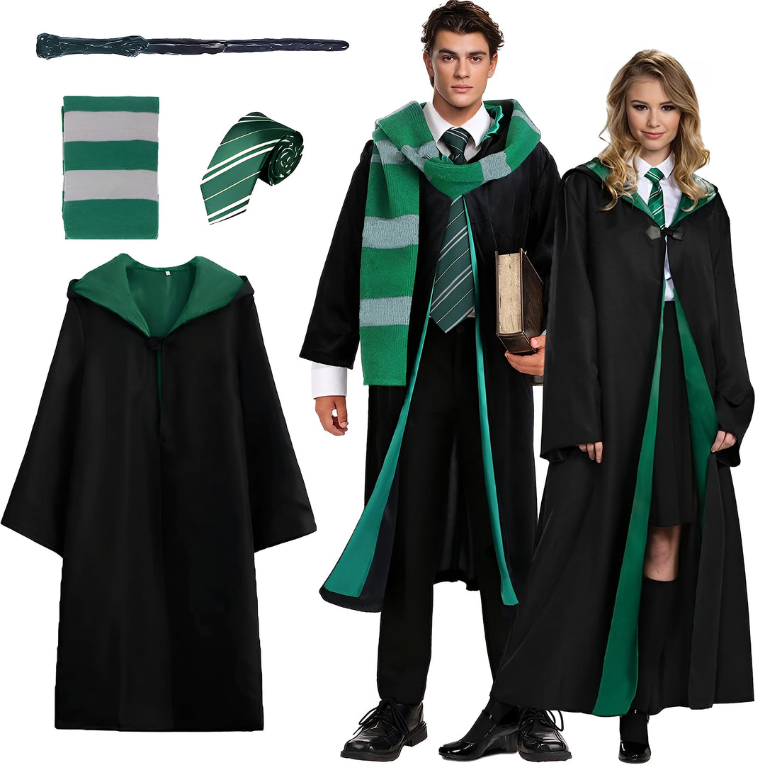 Magic Robe, Umhang,4PCS Zauberer Cosplay Kostüm für Erwachsene,with Cape,Magic Wand,Glasses,Scarf,Ti