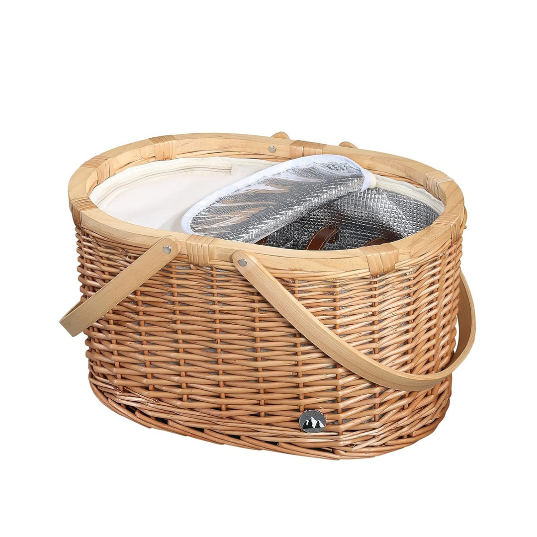 cilio Picknick-Korb Ancona, Für 4 Personen, Geflochtener Korb mit Deckel aus Kiefernholz, Picknickko
