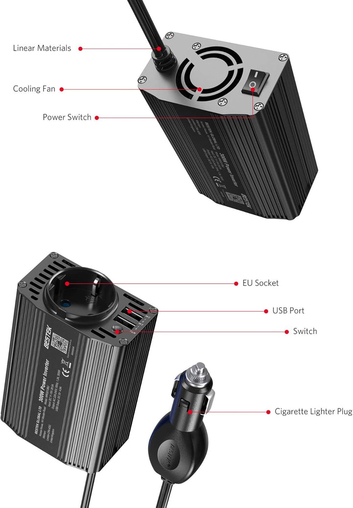 BESTEK 300W Wechselrichter/Spannungswandler 12v 230v /Stromwandler Inverter 12v auf 230v /mit Zertif