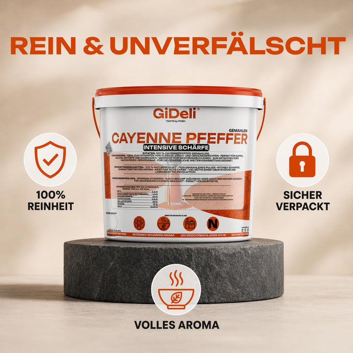 GiDeli Cayenne Pfeffer 10kg im Eimer - Fein Gemahlenes Chilipulver für Fleisch, Fisch, Suppen und So