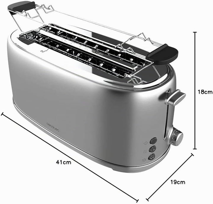 Cecotec Toaster 4 Scheiben Toast&Taste 1600 Retro Double Inox, 1630 W, 2 Breite und Lange Schlitze v