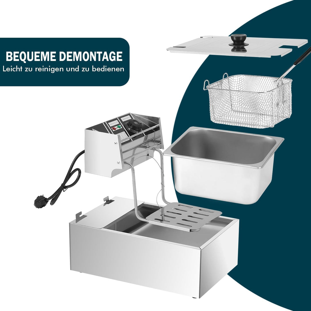 6L Elektrische Fritteuse mit Temperatureinstellung (50-200°C), 220V, 2.5KW, Edelstahl-Ölwanne, Europ