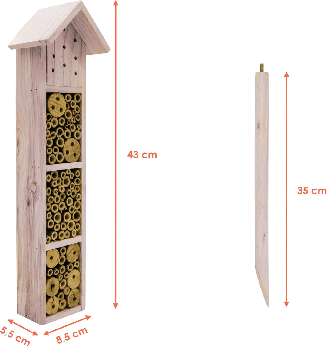 Holz Insektenhotel mit Erdspiess 78 cm - beige - Garten Deko Insektenhaus zum Aufstellen - Bienenhot