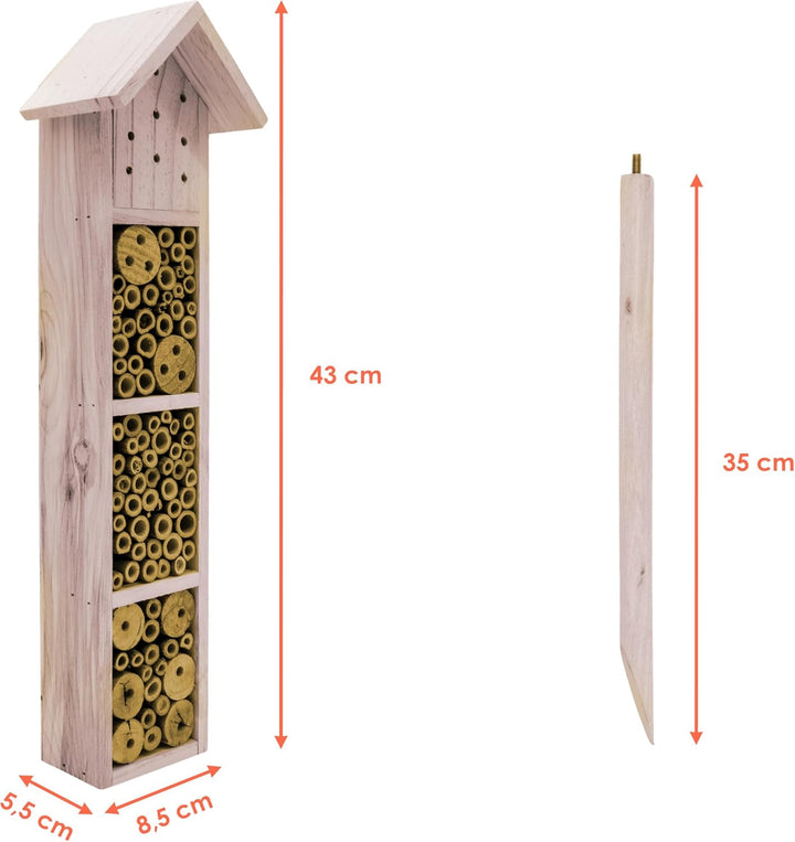 Holz Insektenhotel mit Erdspiess 78 cm - beige - Garten Deko Insektenhaus zum Aufstellen - Bienenhot