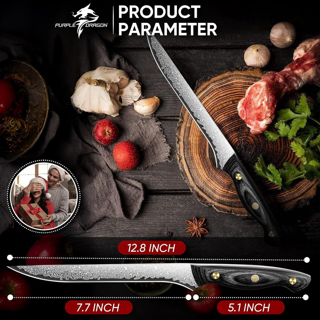 Purple Dragon Damast Ausbeinmesser 20cm - Messer zum Entfetten von Brisket - Metzgerkernmesser mit V