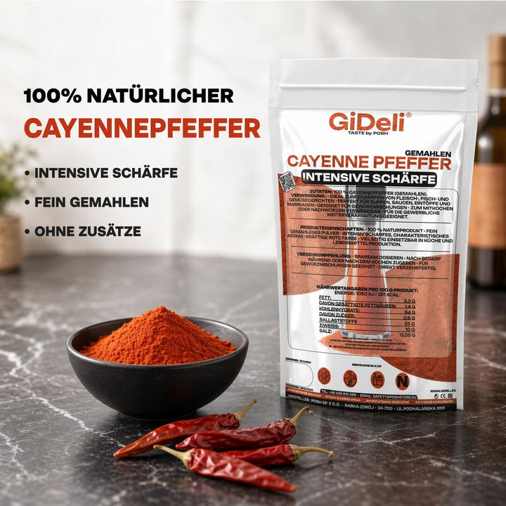 GiDeli Cayenne Pfeffer 2 x 1kg - Fein Gemahlenes Chilipulver für Fleisch, Fisch, Suppen und Sossen -