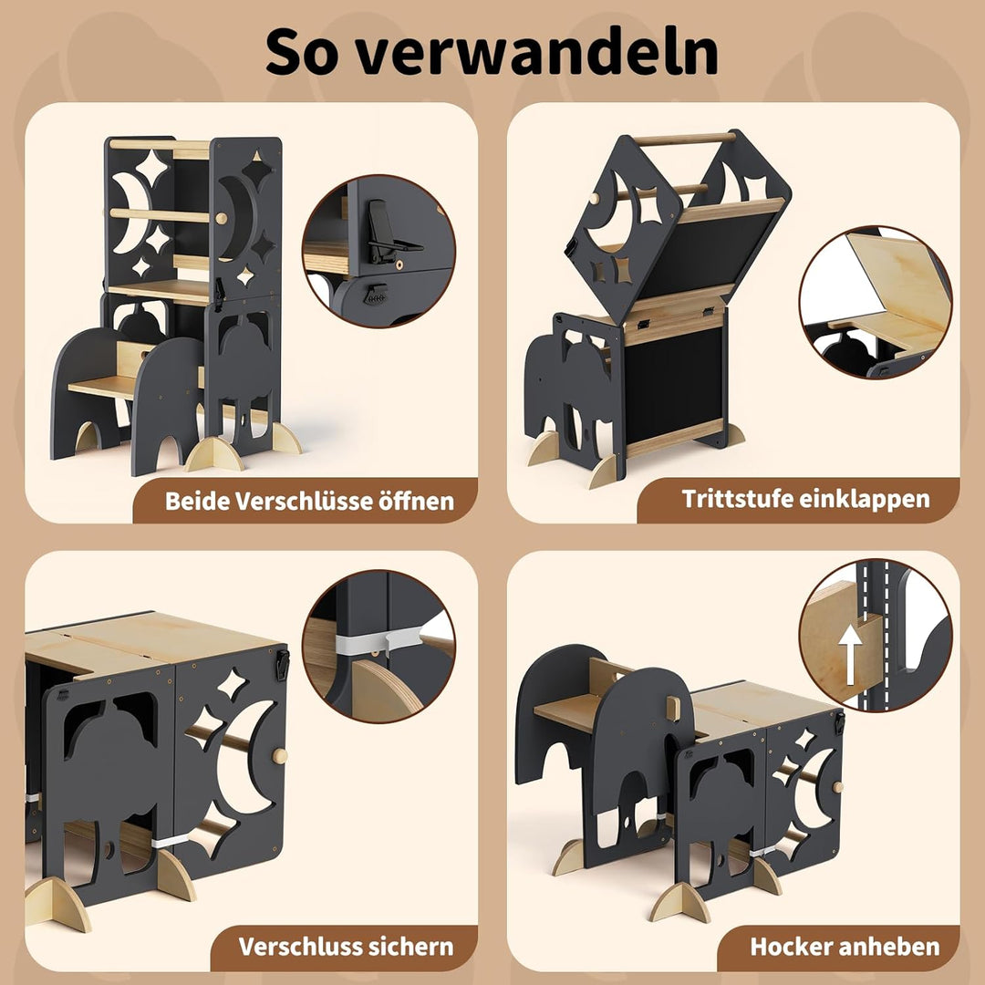 COSYLAND Lernturm ab 1 Jahr, klappbar – 4in1 Lernturm Kinder mit Doppeltafel, Stehhilfe & Schreibtis
