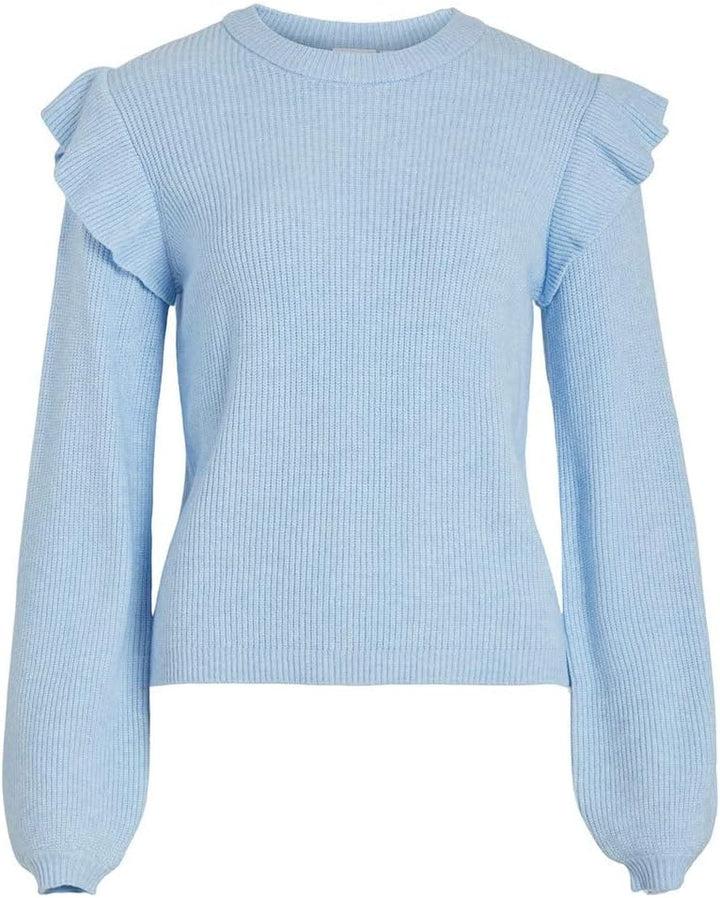 Vila Damen Viril O-Neck Flounce Knit Top-Noos Pullover XS Kentucky Blue/Detail:melange, XS Kentucky