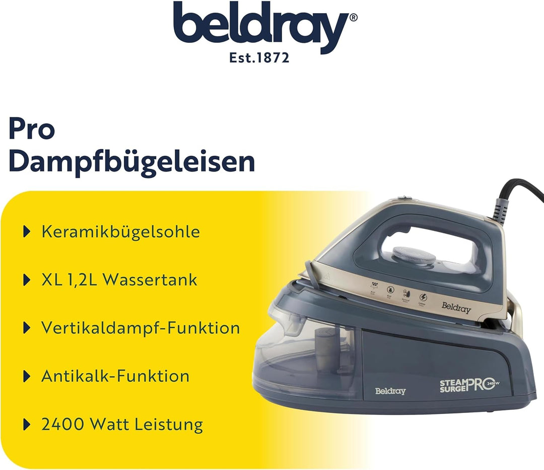 Beldray Dampfbügelstation, Steam Surge Pro Bügeleisen mit Keramiksohle, Anti-Kalk, XL Wassertank 1,2