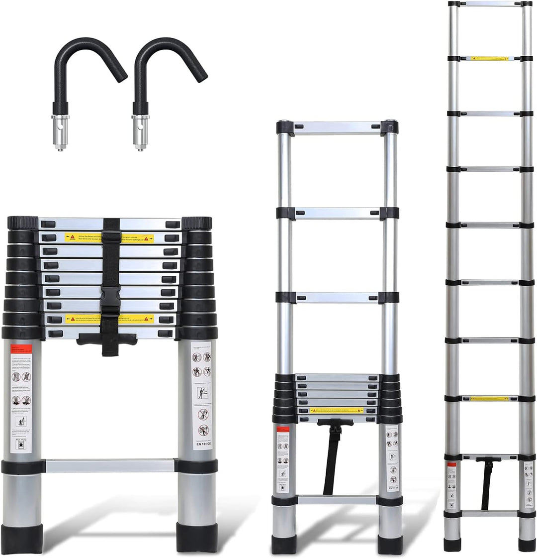 Joparri Aluminium Teleskopleiter mit Abnehmbarem Haken, 2.6M Ausziehbare Leiter, Rutschfester Alulei