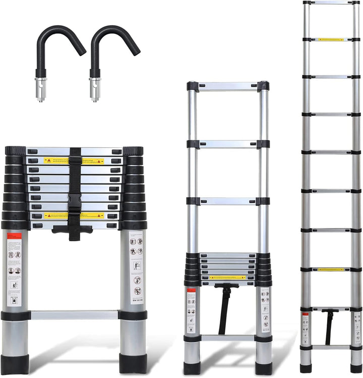 Joparri Aluminium Teleskopleiter mit Abnehmbarem Haken, 2.6M Ausziehbare Leiter, Rutschfester Alulei