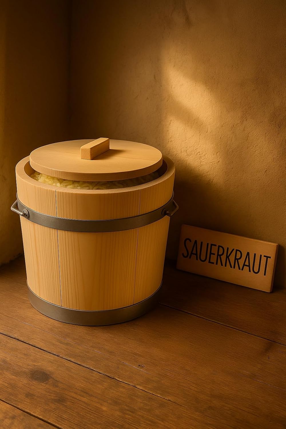 Gäreimer mit Deckel – naturbelassenes Gärfass mit Metallumreifung und Haltegriffen – Sauerkrautfass