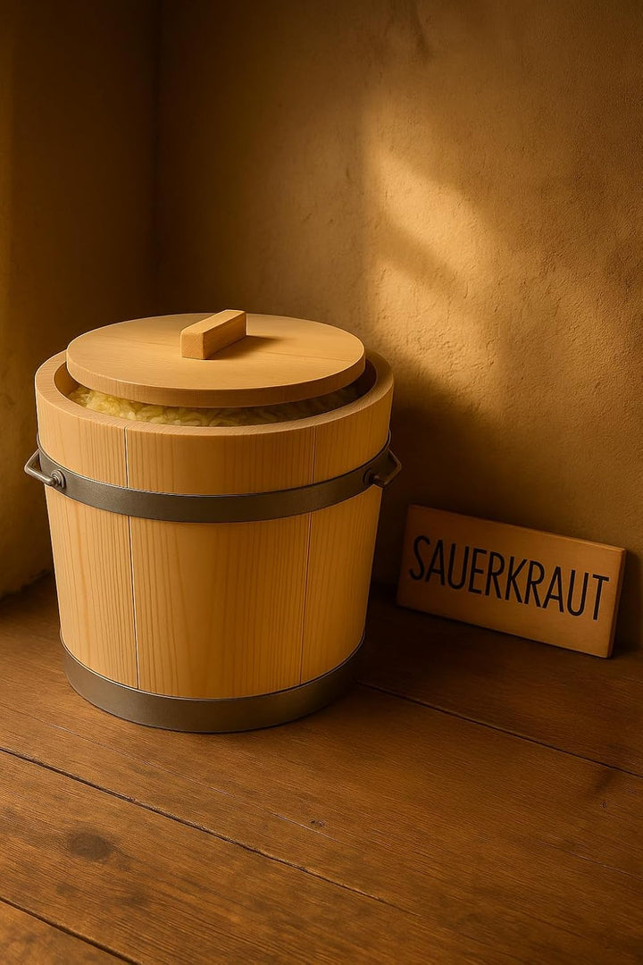 Gäreimer mit Deckel – naturbelassenes Gärfass mit Metallumreifung und Haltegriffen – Sauerkrautfass