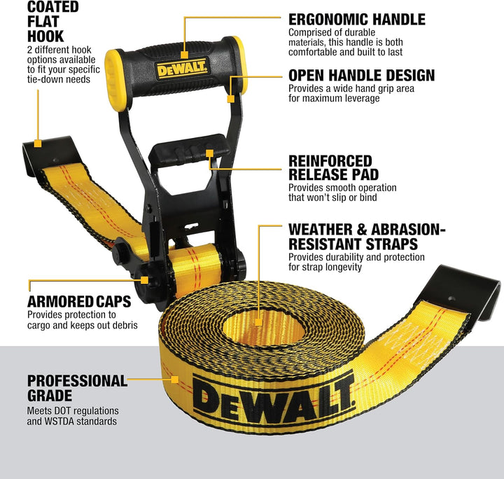DEWALT DXBC10000F Spanngurt mit Ratsche, mit flachem Haken, robuste Ladungssicherung (4,5 kg Bruchfe