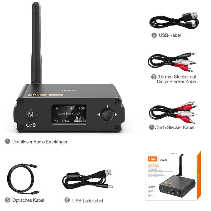 1Mii DS220 Bluetooth 5.1 HiFi Receiver mit OLED-Display & EQ-Modus – LDAC & aptX HD/Low Latency, Aud