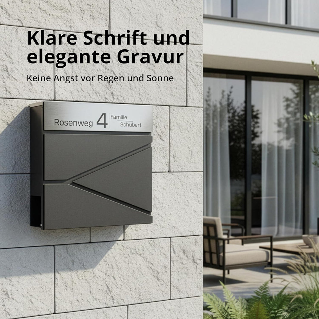 Grafner Premium Briefkasten personalisiert, RAL7016 mit Zeitungsfach und 2 Schlüssel, moderner Postk