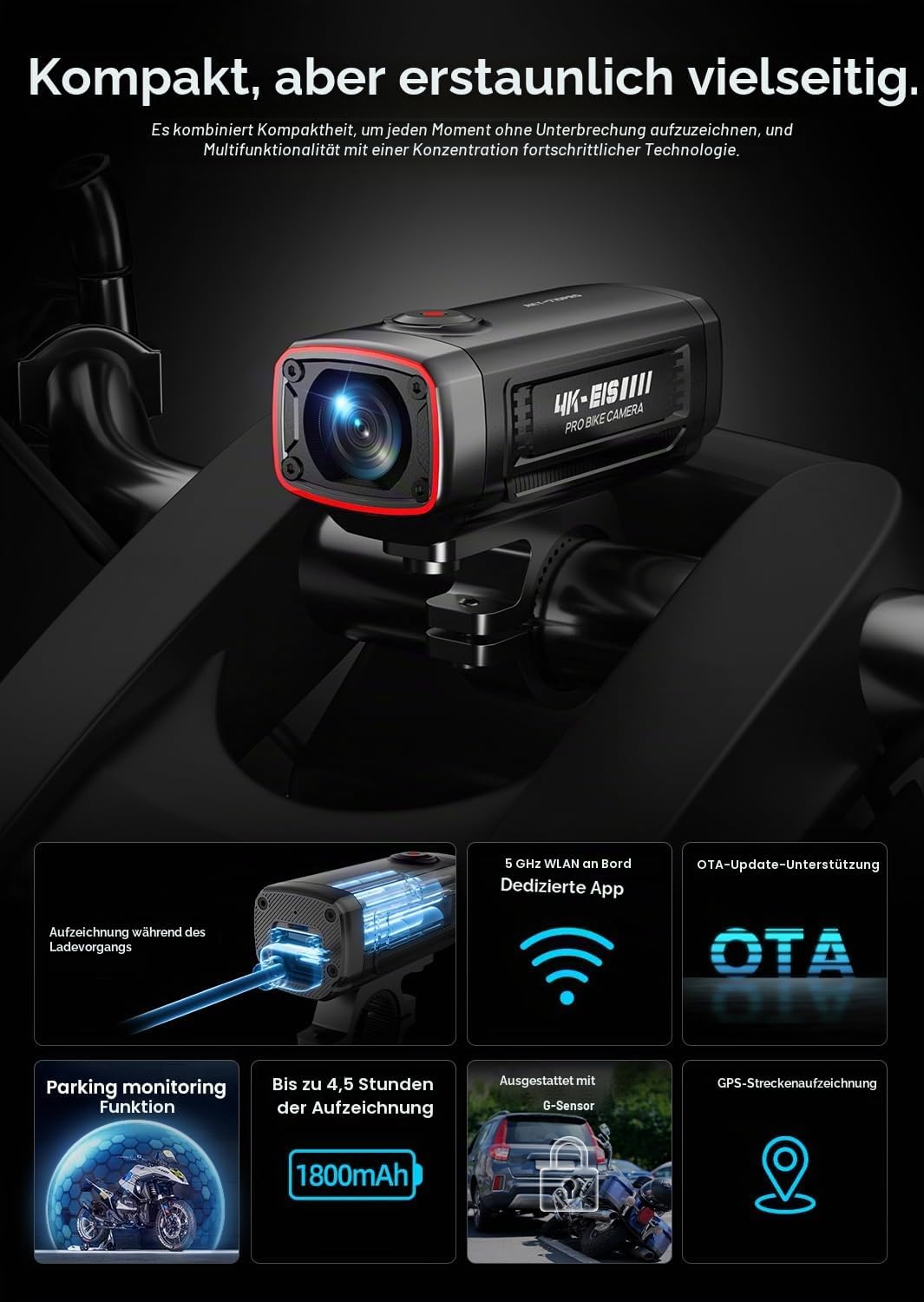 AKEEYO-710Pro EIS Fahrradkamera, 4K28FPS 20MP WiFi Action Kamera mit IP66 Ultra HD wasserdichte Kame