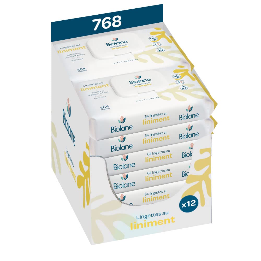 BIOLANE - Feuchttücher für Babys mit Kalksteinöl-Öl – 768 Tücher für Babys zum Wechseln – 12 Packung